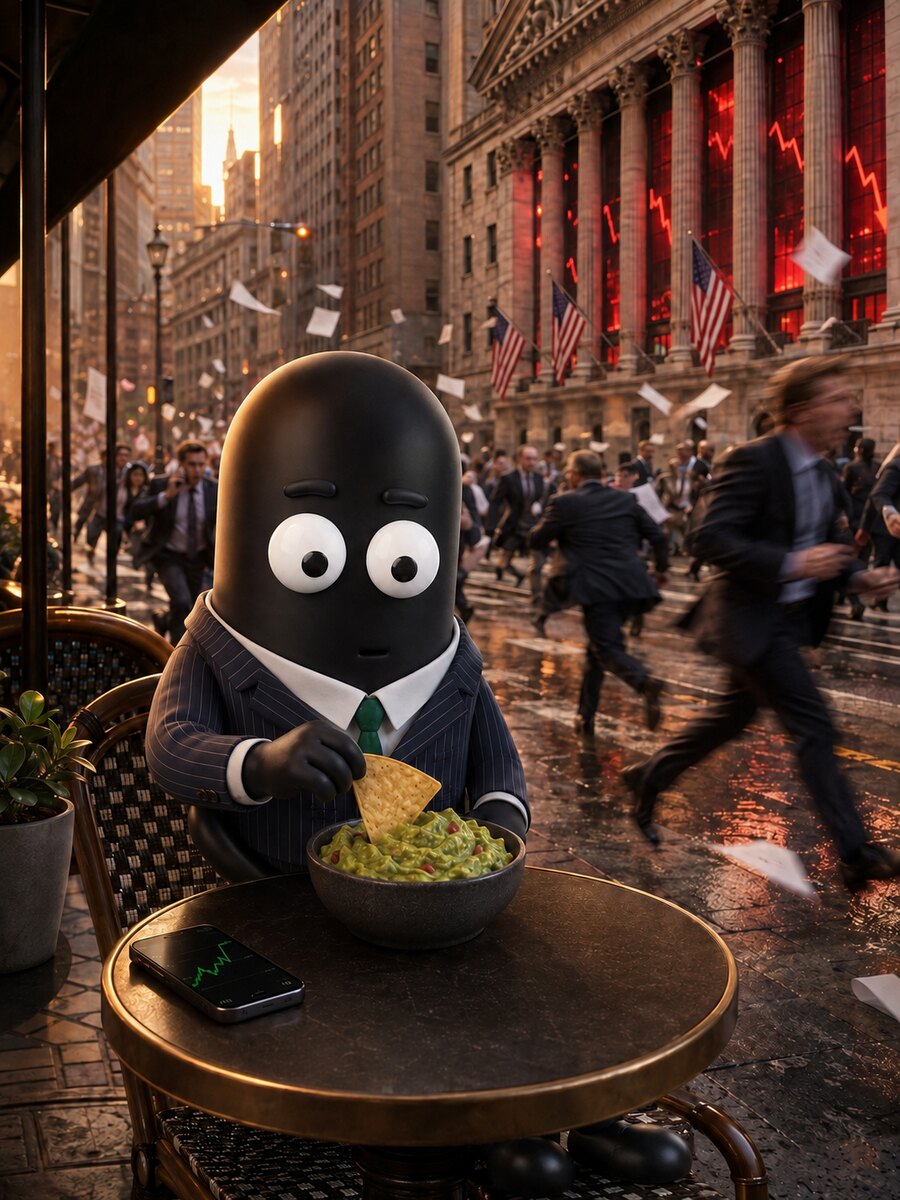 Mutey calmly eating chips as the market crashes behind him