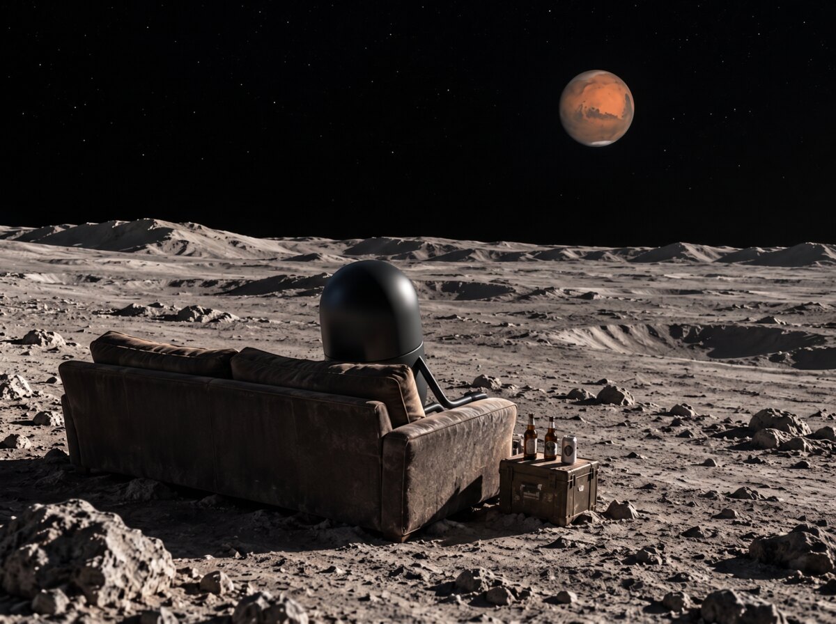 Mutey on a couch on the moon looking toward Mars
