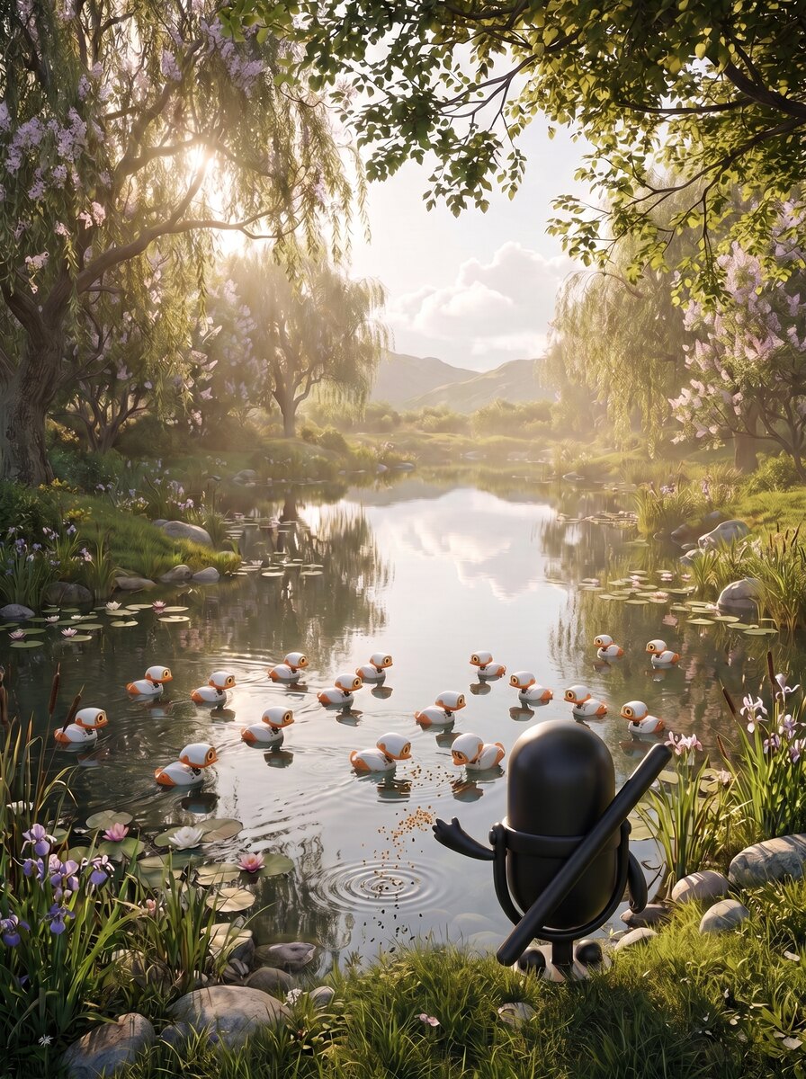 Mutey feeding ducks at a heavenly pond