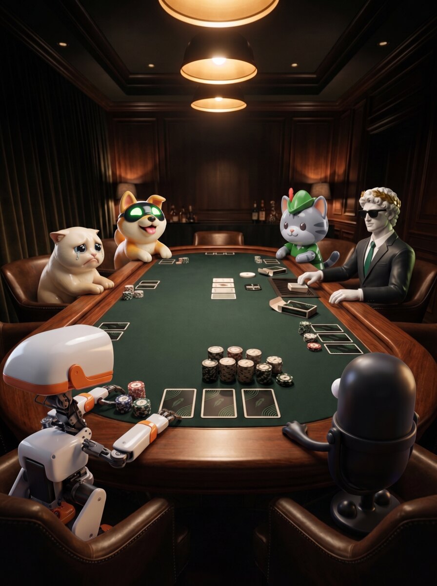 Mutey characters around a high-stakes poker table