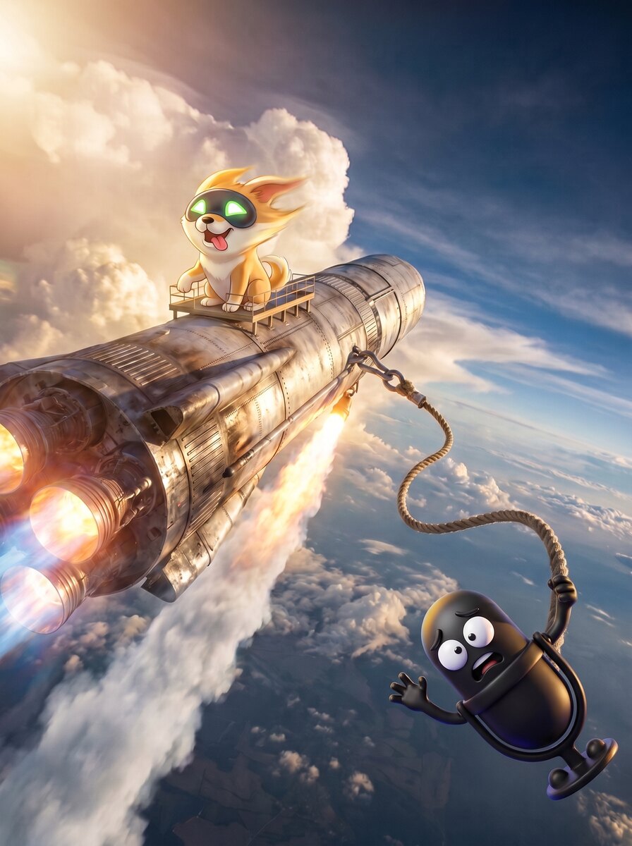 Mutey strapped to a rocket climbing past the clouds